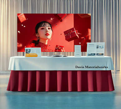 Red custom event tablecloth with logo branding at a trade show – Davis Materialworks