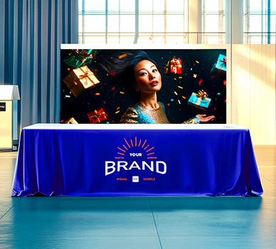 Red custom event tablecloth with logo branding at a trade show – Davis Materialworks