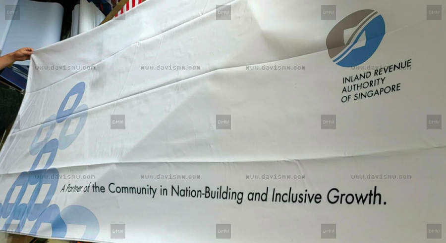 Custom Event Tablecloth - IRAS logo and slogan printed on white tablecloth - Davis Materialworks