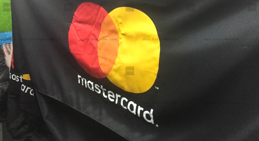 Custom Event Tablecloth - Mastercard logo printed on black tablecloth - Davis Materialworks