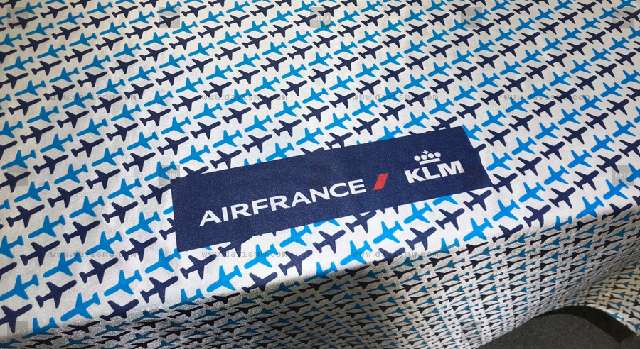Custom Event Tablecloth - Air France logo and design printed on white tablecloth - Davis Materialworks
