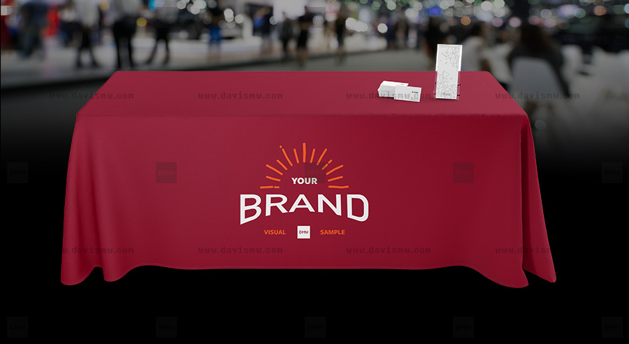 Red custom event tablecloth with logo branding at a trade show – Davis Materialworks