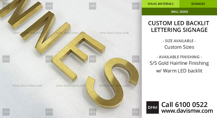 Custom LED Backlit Lettering Signage - SS Gold Hairline Finishing with Warm LED - Davis Materialworks